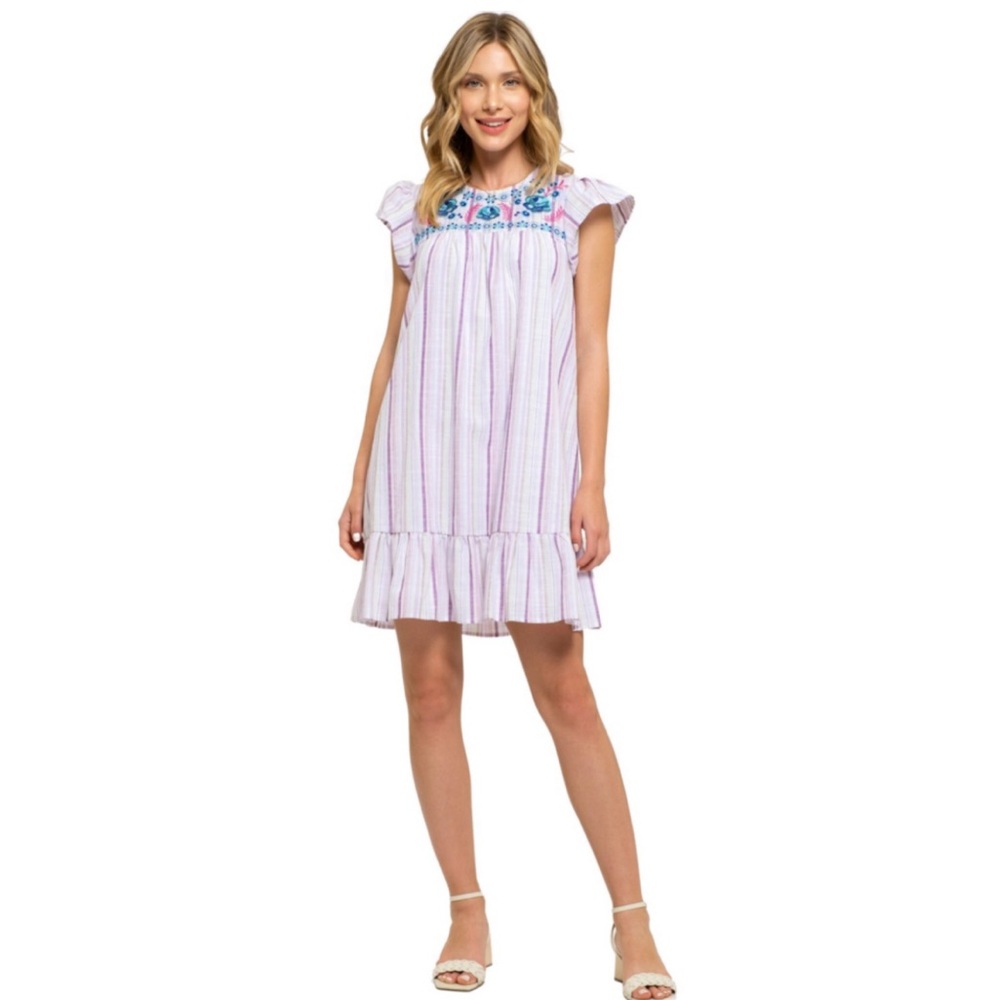 Floral Embroidered Striped Mini Dress from August Sky medium NEW